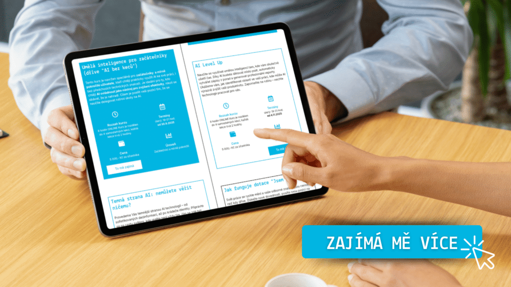 Naučíte se využívat umělou inteligenci tam, kde vám skutečně ušetří čas. Díky AI budete diktovat místo psát, automaticky vytvářet zápisy z porad a generovat profesionální reporty. Ukážeme vám, jak identifikovat oblasti ve vaší práci, kde může AI výrazně zvýšit vaši produktivitu. Zapomeňte na rutinu – nechte technologii pracovat pro vás.
Kurz Umělá inteligence pro začátečníky – komplexní průvodce, jak začít s AI vám poskytne konkrétní, okamžitě aplikovatelné dovednosti a postupy pro využití AI k výrazné úspoře času a zefektivnění vaší každodenní práce.
Je navržen tak, aby byl plně srozumitelný i pro nováčky v oblasti AI a ukazuje, jak tuto technologii využít jako mocného osobního asistenta, který vás v práci posílí, nikoli nahradí.