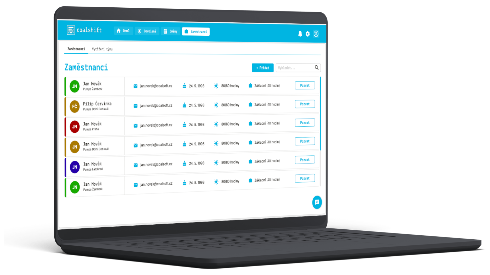 coalshift - hlavní dashboard plánování směn s přehledem zaměstnanců